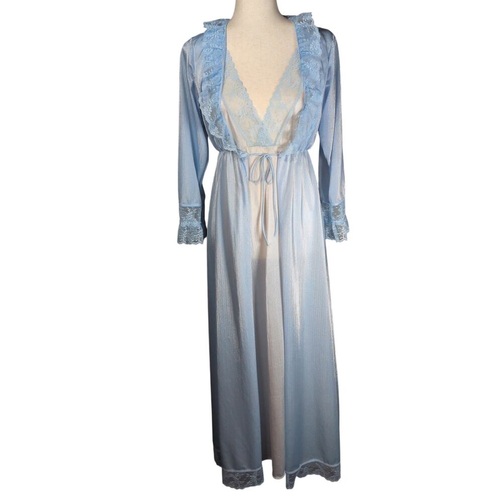 VTG Bernette New York Blue Two Tone Peignoir Nightgown and Robe Lace Set Small